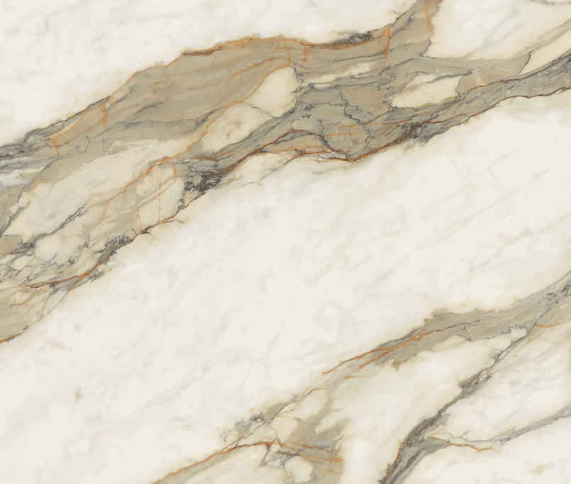 Calacatta Hermitage MB17 porcelain slab with grey and gold veining on a white ground